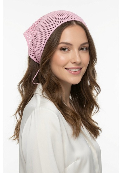Yazlık File Üçgen Pembe Bandana Örgü Saç Bandı Bohem Aksesuar Pembe