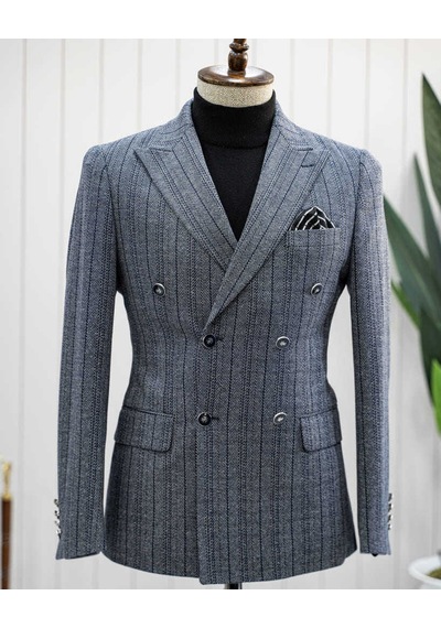Bys Beystil Sivri Yaka Lacivert Çizgili Kruvaze Ceket 52731 - Slim Fit