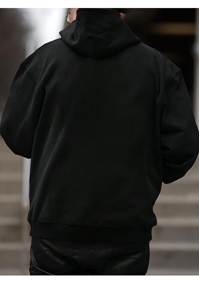 Hilal Tasarım 2 İplik Kalın Kışlık Sweatshirt - Siyah Baskılı Oversize Kapüşonlu Hoodie Siyah