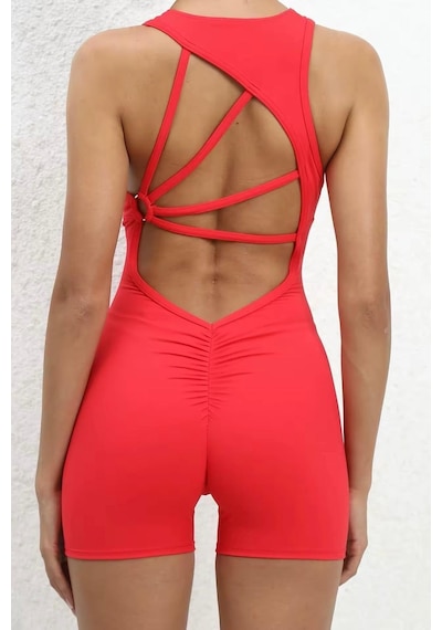 Asimetrik Büzgülü Kısa Jumpsuit - Kırmızı Kırmızı
