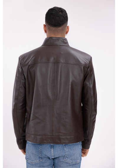 M M Marki Marki Hakiki Deri Erkek Ceket Kahverengi Dik Yaka Fermuarlı Punto Dikişli 68 Cm Regular Fit - 504922