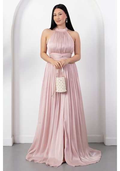 Kalopya Halter Yaka Beli Düğümlü Yırtmaçlı Elbise Drp6882 Pembe