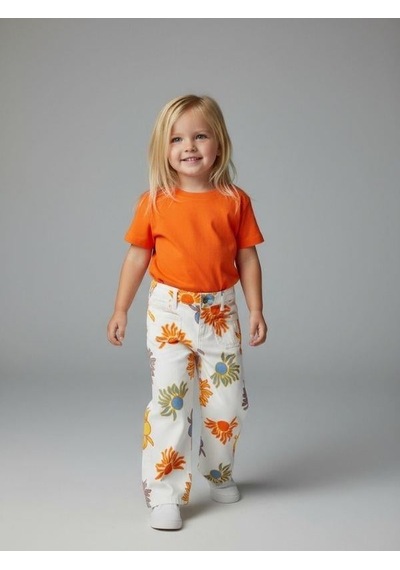 Zekids Kız Bebek Çiçek Desenli Geniş Paçalı Denim Pantolon-16718 Turuncu