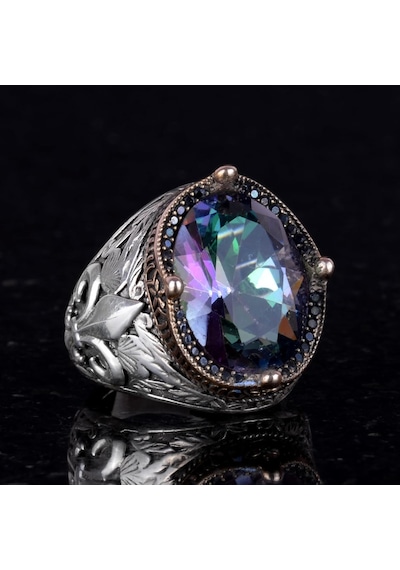 925 Ayar Gümüş Yüzükler Premium Üretilmiş Taşlarla Mistikal Topaz Üretilmiş Taşı Gümüş