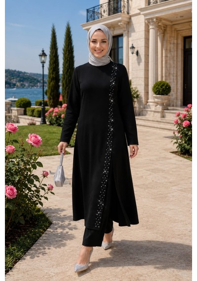Hb Harma Time Butik Kadın İnci İşlemeli Siyah Tunik-pantolon İkili Takım Siyah Siyah