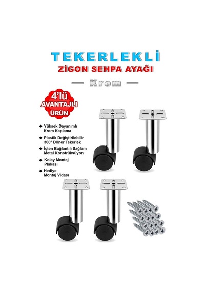 4 Adet 15cm Çap 32mm Metal Gövdeli Plastik Tekerlekli Mobilya Sehpa Ayağı Krom