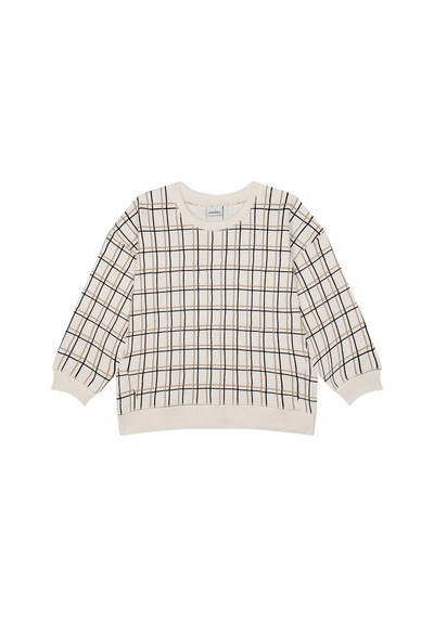 Antebies Organik Gots Sertifikalı Bej Grid Desenli Uzun Kollu Manşetli Erkek Çocuk Sweatshirt