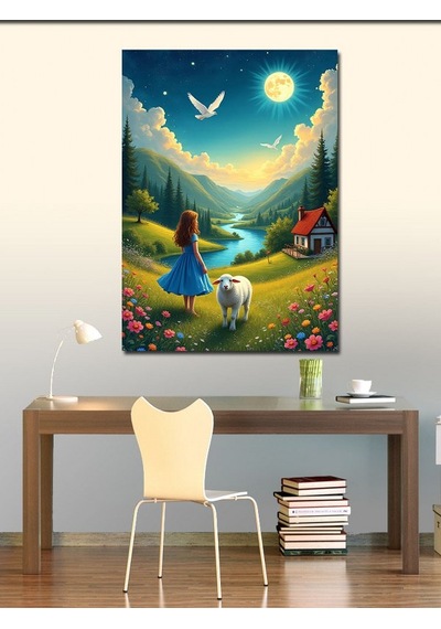 Kanvas Tablo Yeşil Vadide Kız Ve Kuzu 50cmx70cm