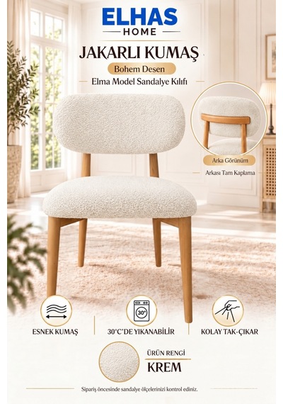 Jakarlı Kumaş Bohem Desen Tam Kaplama Elma Model Sandalye Kılıfı 2 Parça 1 Adet Krem - 937448492 Krem
