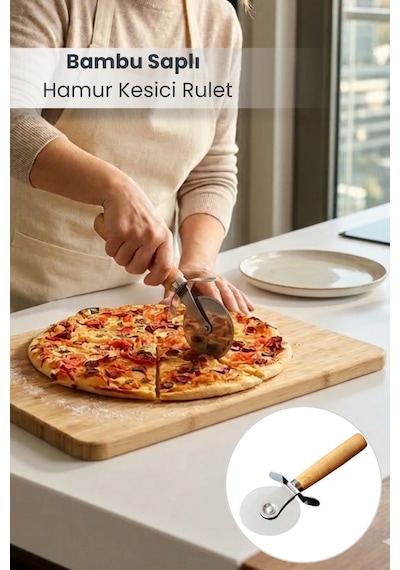 Bambu Saplı Pizza Ve Hamur Kesici Rulet Ahşap - Gümüş