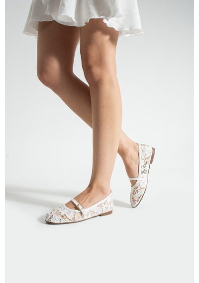 Dabab Shoes Merına Kadın Beyaz Düz Babet Dantel Dokuma Çiçek Desenli Tokalı Düz Ayakkabı
