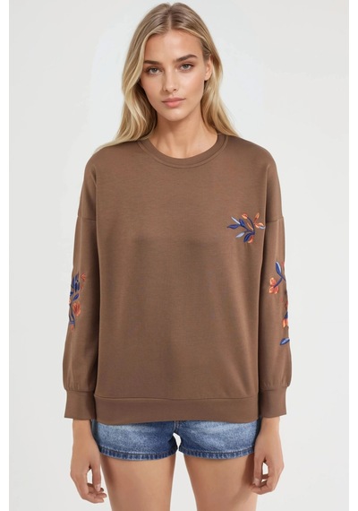 Fiolin Modal Dokulu İşlemeli Bisiklet Yaka Sweatshirt Kahve Rengi