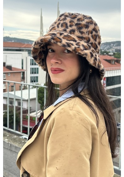 Mollycrush Kadın Kışlık Leopar Desenli Peluş Şapka Soğuk Geçirmez Sıcak Tutan Bucket Camel Leopar
