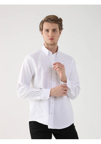 Dufy Beyaz Erkek Regular Fit Brent Düğmeli Yaka Uzun Kol Gömlek - 94827 Beyaz