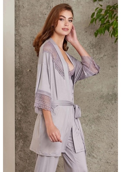 Pierre Cardin 2820 Kadın Penye Dantelli Sabahlıklı Pijama Takım-royal Royal