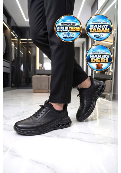 Komcero Kauçuk Tabanlı Bağcıklı Sneaker Siyah Hakiki Deri Erkek Casual Ayakkabı Hz2821-2522