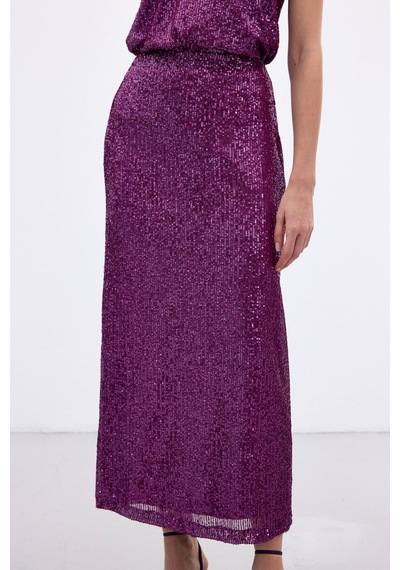 Sateen Karolin Midi Etek - Mürdüm-136654 Mürdüm