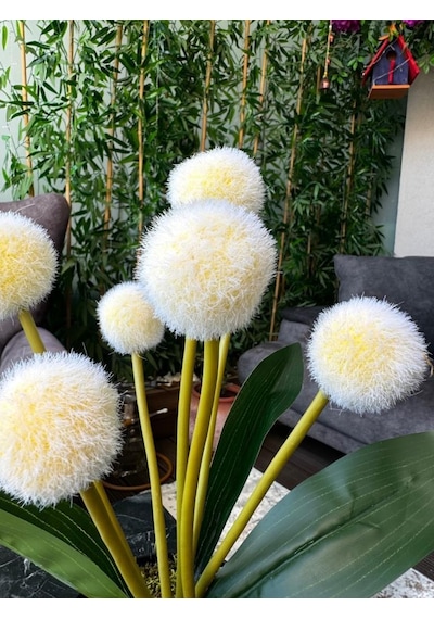 Yapay Çiçek Sarı Pompon Siyah Saksıda Dekoratif Yapay Çiçek 30 20cm
