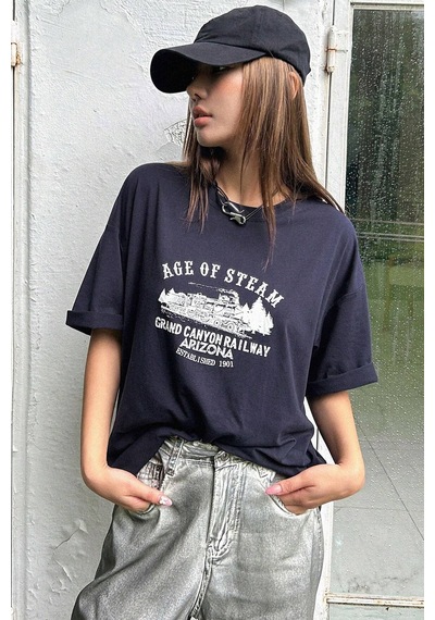 Unisex Age Of Steam Baskılı Tasarım Tshirt Lacivert
