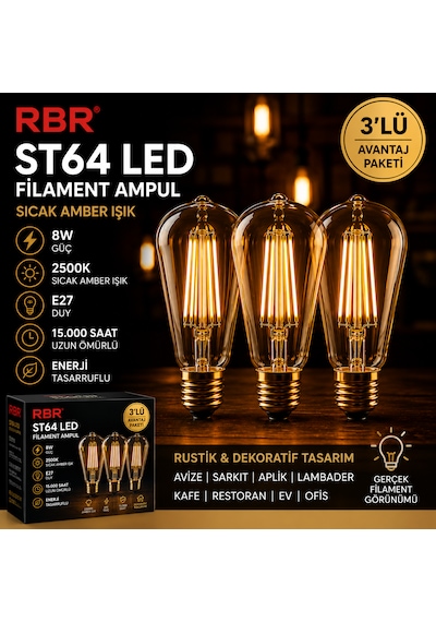 Rbr St64 Led Filament Armut Ampul E27 8w 2500k Amber Rustik 3'lü Avantaj Paketi 3'Lü Paket