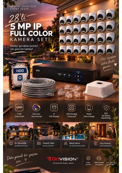 Go Vision 28'li Güvenlik Dome Ip Kamera Seti - 5mp Dome Kamera, 3.6mm Lens, H.265, Poe, Warm Led Gece Görüşlü
