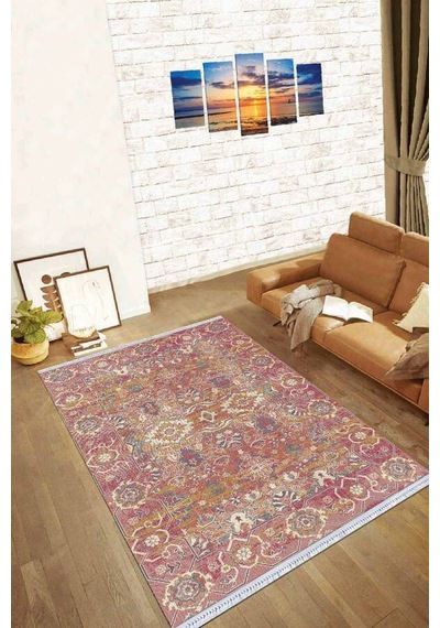 Pembe Vintage Dokuma Pamuk Tabanlı Kaymaz Kilim Klm183n11