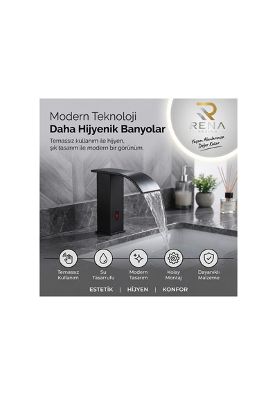 Rena Design Fotoselli Sensörlü Siyah Kare Lavabo Bataryasi Temassiz Otomatik Tasarruflu Modern Musluk