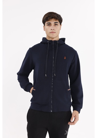 Rowinger Metal Uçlu Kordonlu Tam Fermuarlı Bölmeli Ön Cepli Küçük Nakış Logolu Rahat Kalıp Mevsimlik Kapüşonlu Sweatshirt Navyblue