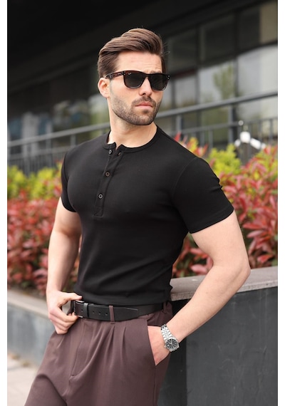 Madmext Siyah Yarım Düğmeli Slim Fit Erkek Tişört E7186