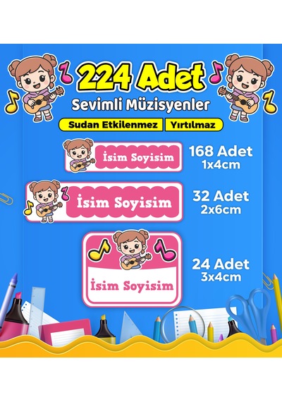 Sevimli Müzisyen Temalı Okul Kreş Kişiye Özel İsim Etiket Seti - Model 500 Çok Renkli