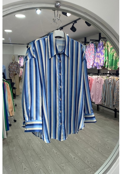 Pera Moda Kadın Salaş Oversize Desenli Saten Gömlek Mavi