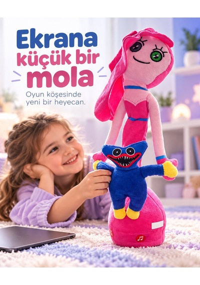 Misan Oyuncak Pembe Peluş Bebek 33 Cm Mavi Canavar Figürlü, Düğme Gözlü Tasarım
