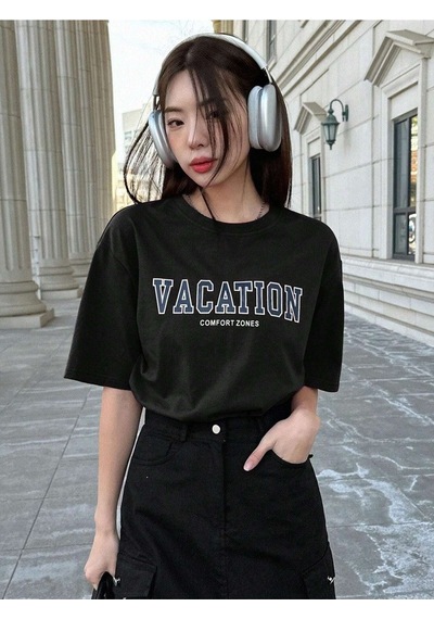 Unisex Siyah Oversize Vacation Baskılı Örme T-shirt Siyah-56856
