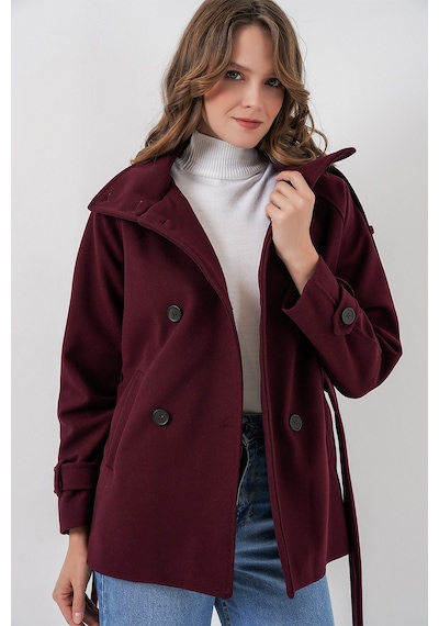 Bigdart Kadın Kuşaklı Kaşe Kaban 9162 - Bordo