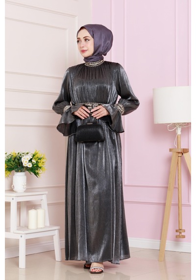 Kolu Volanlı Nakış Detaylı Abiye-antrasit-4712