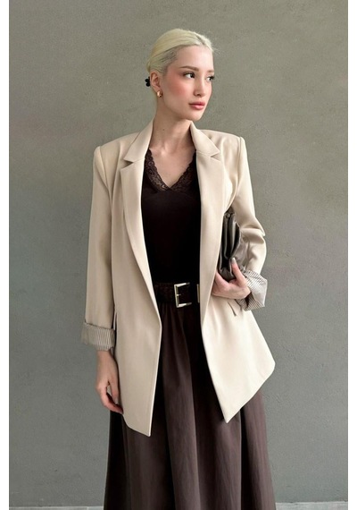 Seeh Bej Kol Desenli Blazer Kadın Ceket Sh339