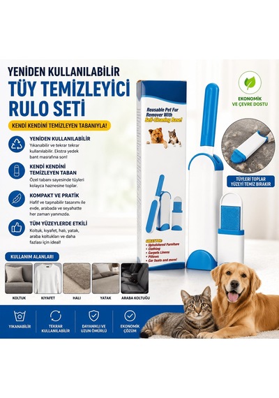 Tüy Temizleyici Rulo Set Kedi Köpek Koltuk Temizleme