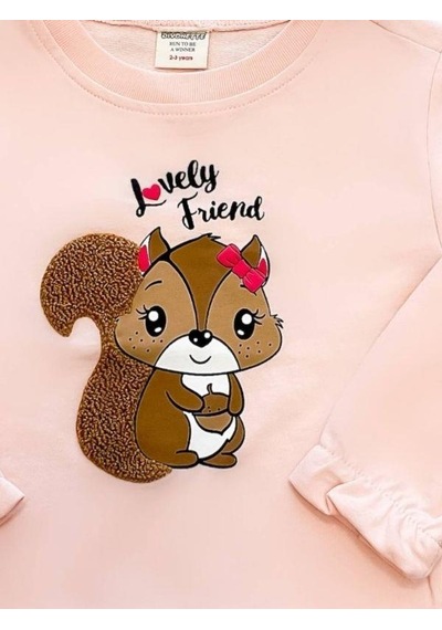Kız Çocuk Sincap İşlemeli Sweatshirt-14667 Pudra