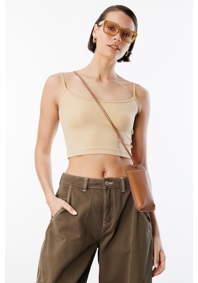 Genius Store Kadın Scuba Kumaş İp Askılı Crop Top Crop-atlet Bej