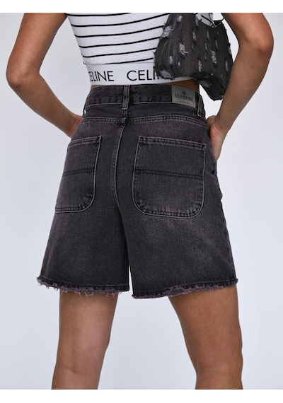 Füme Denim Mini Şort Siyah