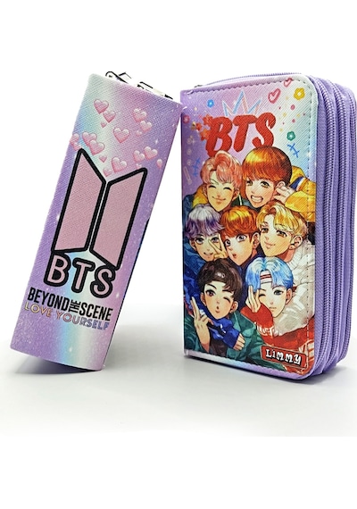 Kalem Kutusu Bts Desenli Kpop Organizer Kalemkutu Vegan Deri Üç Bölmeli Kalemlik