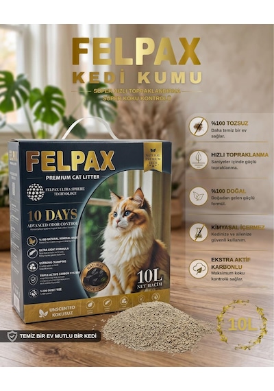 Felpax %100 Tozsuz Premium Aktif Karbonlu Hızlı Topaklanan Kedi Kumu 10 Litre