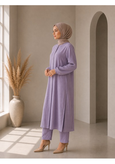 Bidesing Kadın Lila Tesettür İkili Takım Krinkıl Kumaş Uzun Tunik Ve Bol Paça Pantolon Takımı Bidesing Kadın Lila Tesettür İkili Takım Krinkıl Kumaş Uzun Tunik Ve Bol Paça Pantolon Takımı