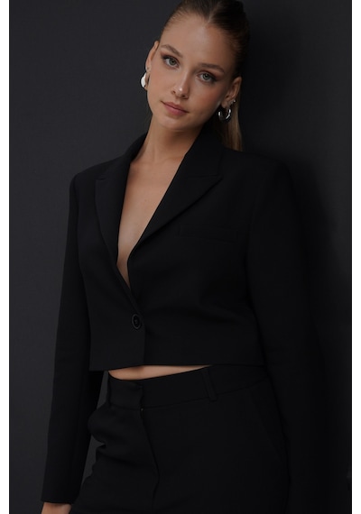 Thalure Kadın Siyah Düğmeli Slim Fit Crop Blazer