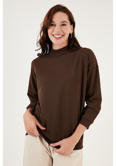 Lela Pamuklu Dik Yaka Basic Örme Bayan Sweat 5863323 Kahve