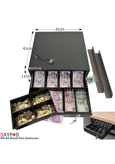 6 Banknot Gözlü Masa Altı Montaj Askılı, Pos Bağlantılı, Anahtardan Açılır Para Çekmecesi 41x41x11cm