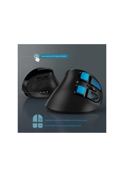 Dikey Ergonomik Şarj Edilebilir Sessiz Mouse Bluetooth+2.4g Kablosuz