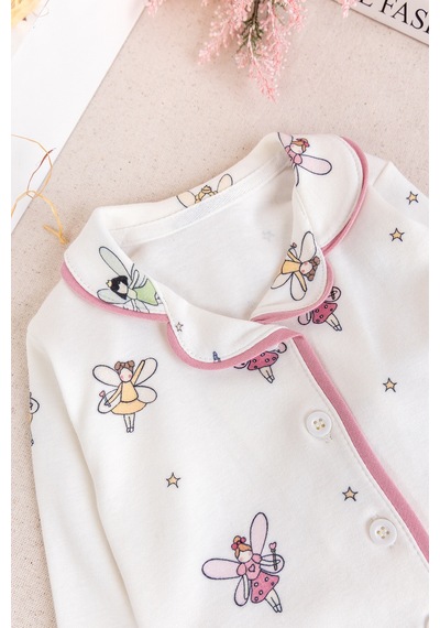 Babymod Bebe Yaka Önden Düğmeli Melek Desenli Kız Bebek Pijama Krem