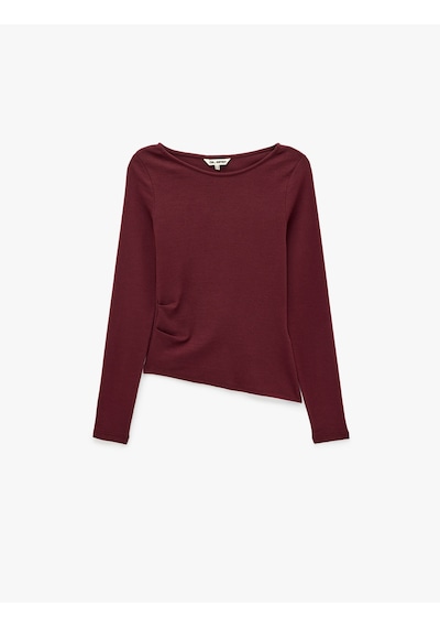 Koton Pamuklu Asimetrik Kayık Yaka Kolsuz Slim Fit Uzun Kollu Tişört Bordo 7wal10143ık