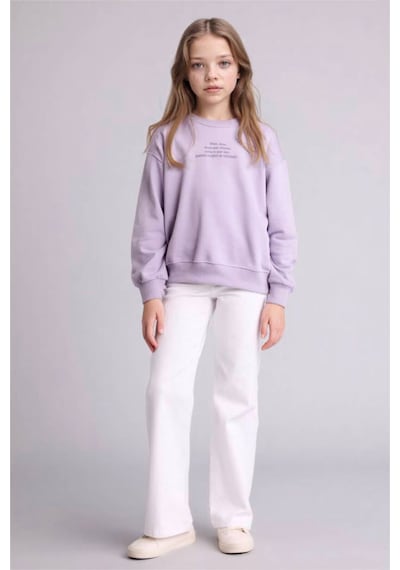 Defacto Relax Fıt Bisiklet Yaka Baskılı Sweatshirt Kız Çocuk E6782a826sppr308 Mor-pr308